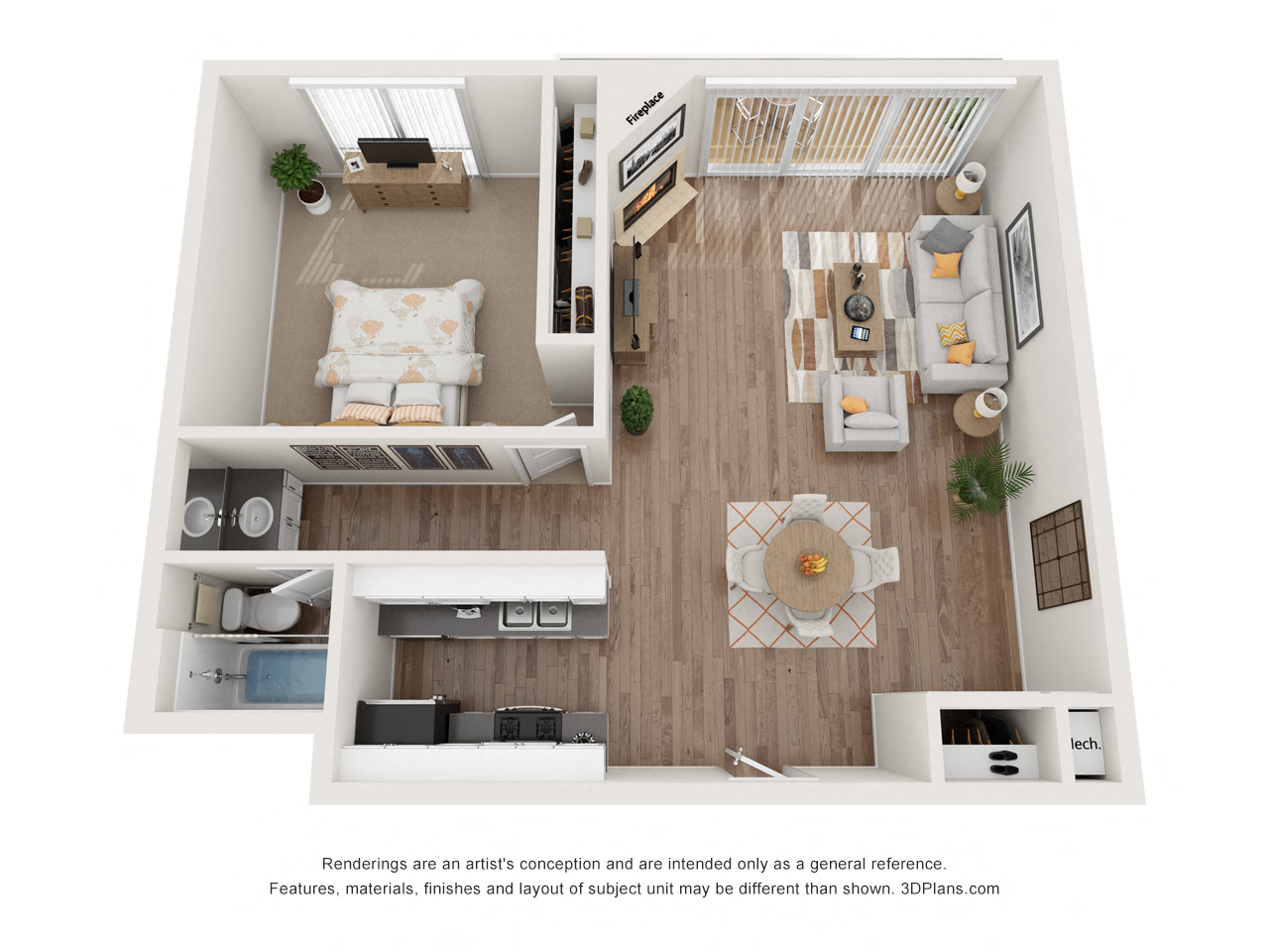 Floor plan for 1 bed, 1 bath, 651 sqft